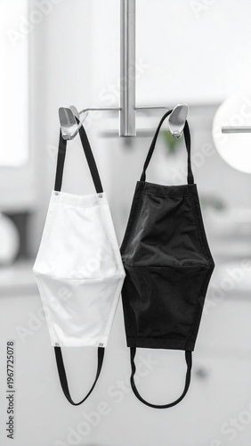 Black and White Fabric Face Masks Hanging on a Hook.
