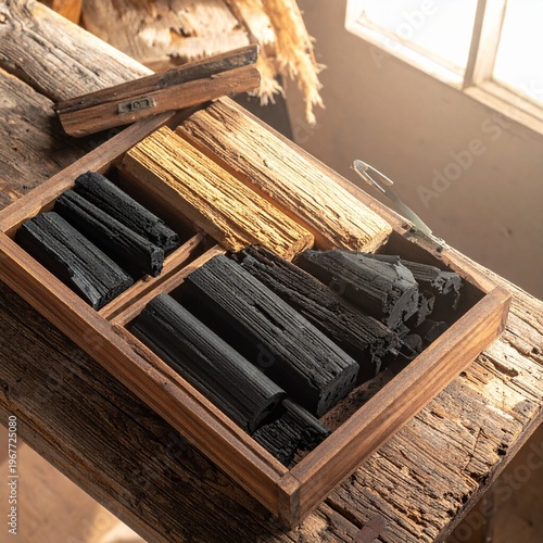 Charcoal and wood pieces in a wooden box on a rustic table.