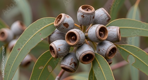 Macro shot of eucalyptus gum nuts and leaves in a natural outdoor environment