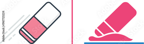 Modern vector icon set showing two eraser styles: a pink-sleeved line art eraser with motion lines and a solid pink silhouette erasing a blue surface. Ideal for editing and correction themes.