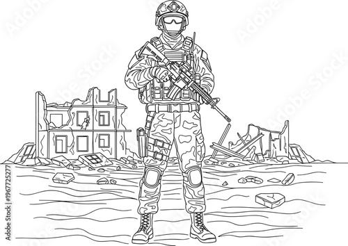 Armed soldier in tactical uniform standing in front of destroyed building ruins in war zone line art vector.