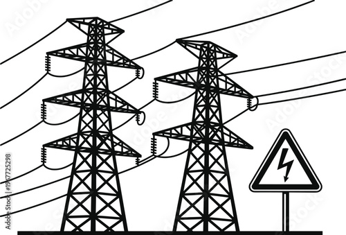 Electrical transmission towers with multiple high‑voltage power lines and warning sign, infrastructure illustration highlighting electricity distribution, safety, industrial energy network, and 