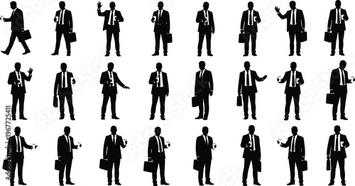Silhouette illustration of business professionals in suits holding briefcases and coffee cups, diverse poses representing corporate lifestyle, teamwork, office culture