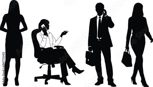 Silhouette illustration of business professionals in various office scenarios, including standing, walking, seated, and phone communication, representing corporate lifestyle, teamwork,