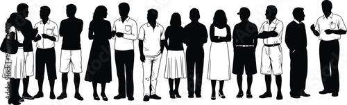 Silhouette illustration of diverse people standing side by side, showing individuality through clothing and posture, community gathering concept, social diversity and human interaction artwork