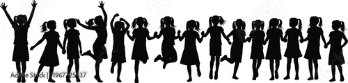 Silhouette illustration of children holding hands in playful poses, wearing dresses and ponytails, joyful unity artwork representing friendship, bonding, celebration, and childhood connection themes