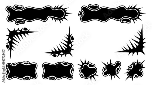 Collection of black Y2K outline vector banners, fluid tribal frames, liquid splash shapes, and spiky cyber corners for streetwear and logo design
