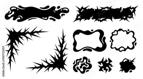 Collection of black Y2K liquid vector banners, spiky tribal frames, dripping shapes, and gothic corners for streetwear labels, posters or logo design