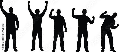 Silhouette illustration of five people in expressive standing poses with raised arms and clenched fists, dynamic body language artwork representing celebration, emotion, unity, and motion themes