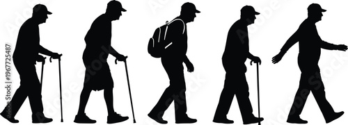 Silhouette illustration of five people walking in progression, using canes and backpack, showing transformation in posture, mobility recovery, aging process, and human movement artwork
