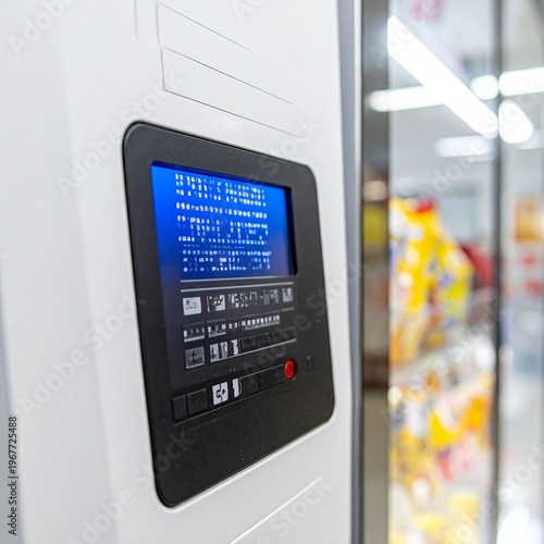 Close-up of a modern fire alarm control panel with a blue digital display and buttons, mounted on a white wall in a commercial building, with a blurred background of a store aisle.
