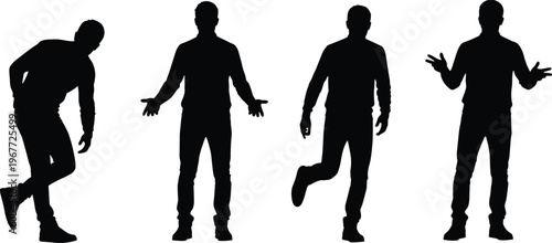 Silhouette illustration of four people in different standing poses and gestures, expressive human posture artwork representing body language, diversity, communication, and motion concept for 