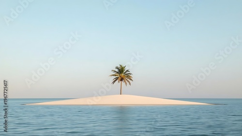 Tropical palm tree on sandy island in turquoise ocean under clear sky