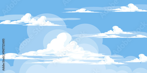 Illustration of a blue sky with white clouds in a flat style. Blue sky background and white clouds. Cartoon sky,summer background..	