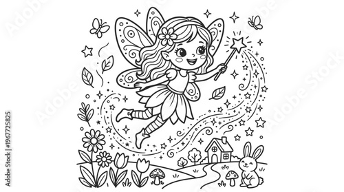 Smiling fairy with wand and wings.