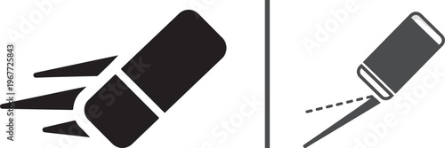 Vector icon set featuring two eraser designs: a solid black glyph with sharp motion trails and a refined line-art version erasing a stroke. Minimalist symbols for editing and correction.