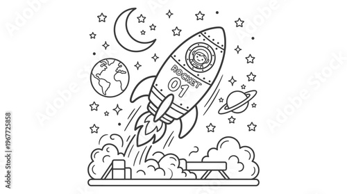 Rocket Ship Blasting Off Into Space.