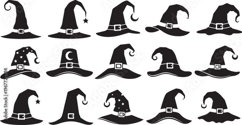 Collection of Various Black Witch Hats on White Background