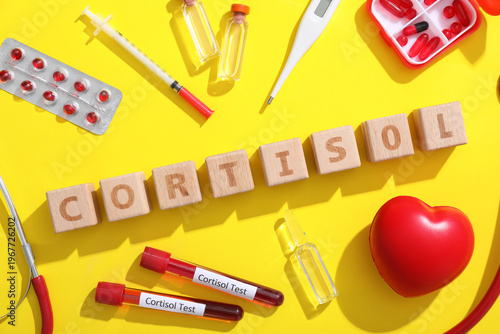 Word CORTISOL with thermome...