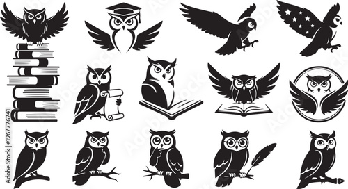 Collection of owl icons with books and graduation caps
