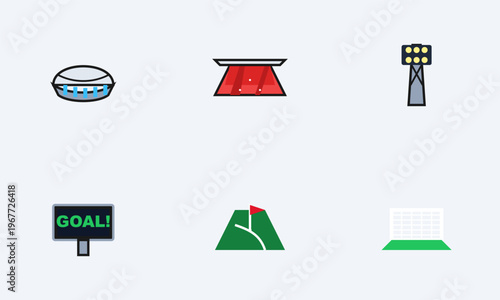Hand-drawn collection of sports stadium icons including floodlights scoreboard goal and arena set in very clean authentic illustration