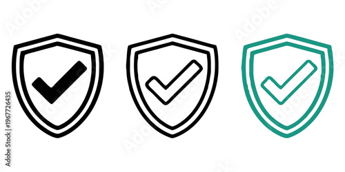 erified security shield with checkmark icon set. Three outline variations including colored styles for data protection, safety guarantee, safe internet browsing, antivirus, and approval concepts.