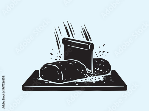 Metal bench scraper silhouette chopping firmly on a cutting board