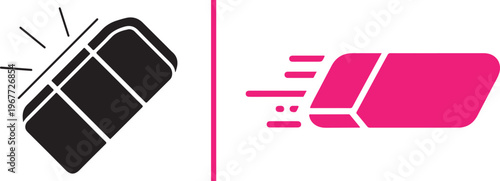 Dual-style eraser vector icons featuring a solid black stationary eraser and a vibrant pink motion-style eraser. Clean, minimalist graphic design for editing, school, and office concepts.