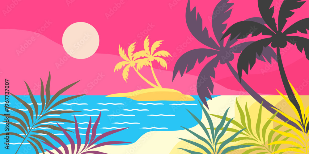 Obraz premium silhouette of coconut tree in flat style. illustration of palm tree in flat style. summer background. summer theme scenery 