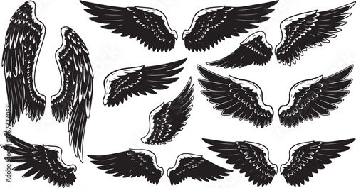 Collection of black angel wings in various positions and styles