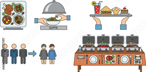 Buffet Catering Service Illustration Set with Food Serving, Queue Line, Tray Service and Restaurant Dining Elements Flat Vector Collection