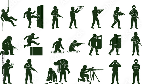 Diverse Collection of Military Soldier and Special Forces Silhouettes in Action Poses.