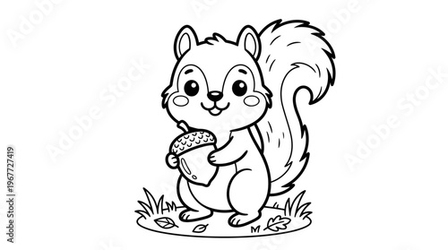 Cute cartoon squirrel holding acorn.