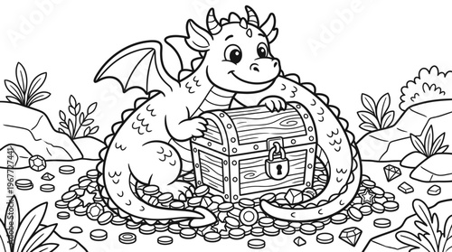 Smiling dragon sitting on treasure chest.