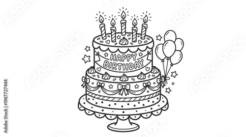 Birthday cake with lit candles decorated.