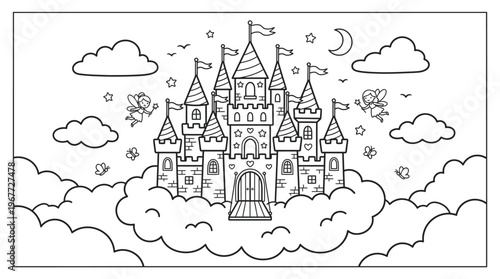 Fantasy castle with towers and flags.