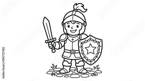 Smiling Knight Holding Sword Shield.