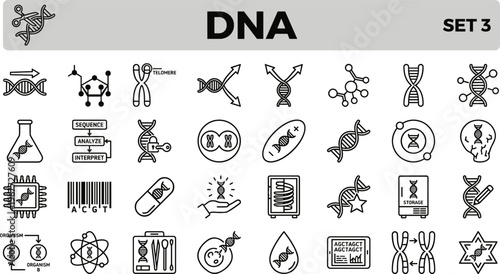 DNA and Genetics Thin Line Icon Set for Science and Biotechnology.