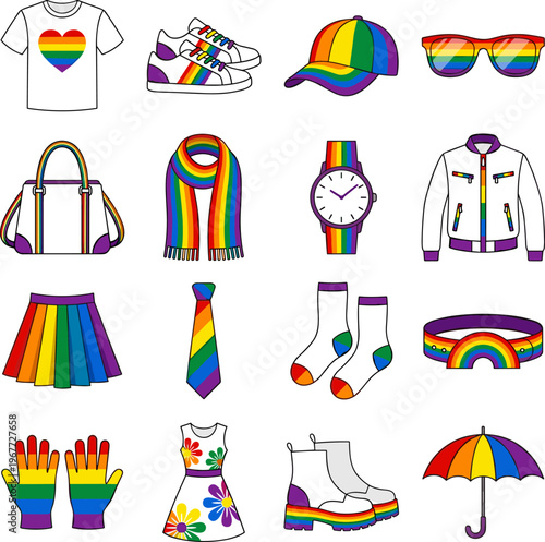 Vector collection of colorful rainbow themed clothing and accessories for Pride Month LGBT.