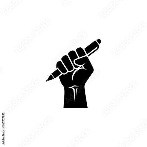 A powerful fist holding a pen in a bold graphic illustration