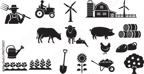 Agricultural icons and farm equipment in black and white