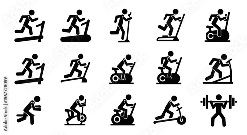 Collection of black and white icons depicting various gym exercises and fitness equipment.