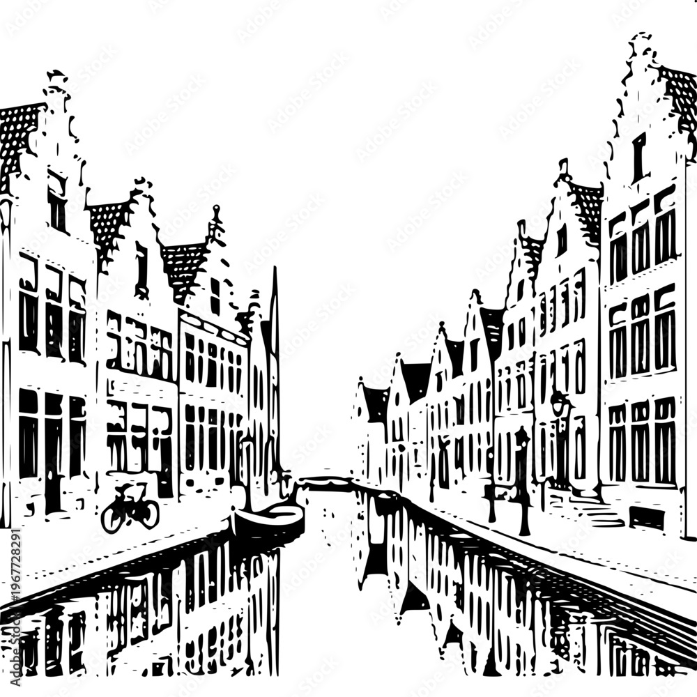 Obraz premium Minimalist line art of traditional Belgian stepped-gable houses