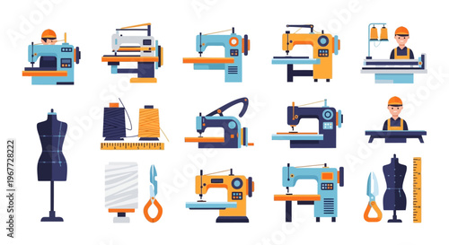 Collection of industrial sewing machines and tailoring equipment.