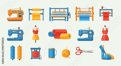 Collection of sewing and textile production tools and equipment.