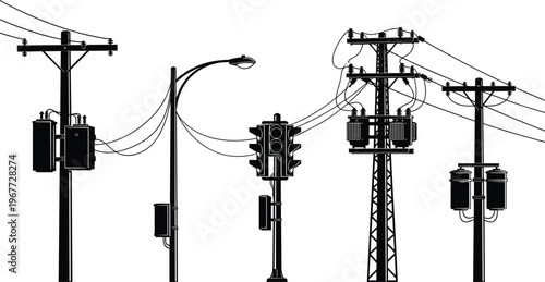 WebSilhouettes of utility poles with transformers, streetlights, traffic signals, and electrical infrastructure, detailed illustration showing urban power distribution and communication systems in 
