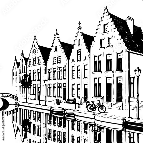Minimalist line art of traditional Belgian stepped-gable houses