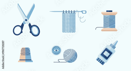 Collection of various crafting and sewing tools on a light background.