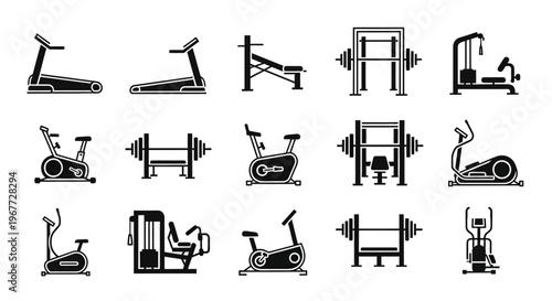 Collection of various gym equipment silhouettes for fitness and workout.