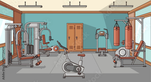 Empty Modern Gym Interior with Various Exercise Equipment.